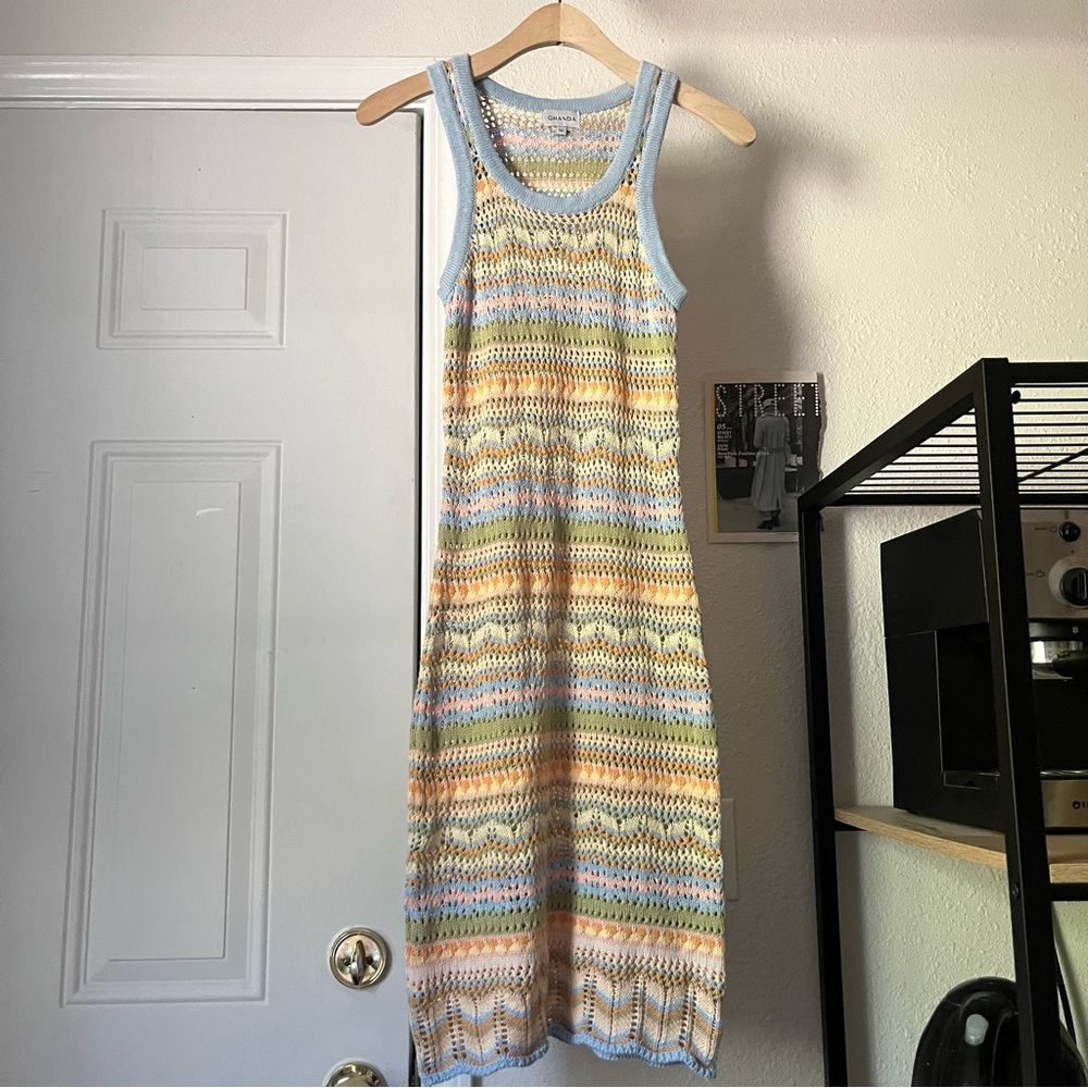 GHANDA CO pastel multicolor chevron stripe‎ open crochet knit sleeveless midi